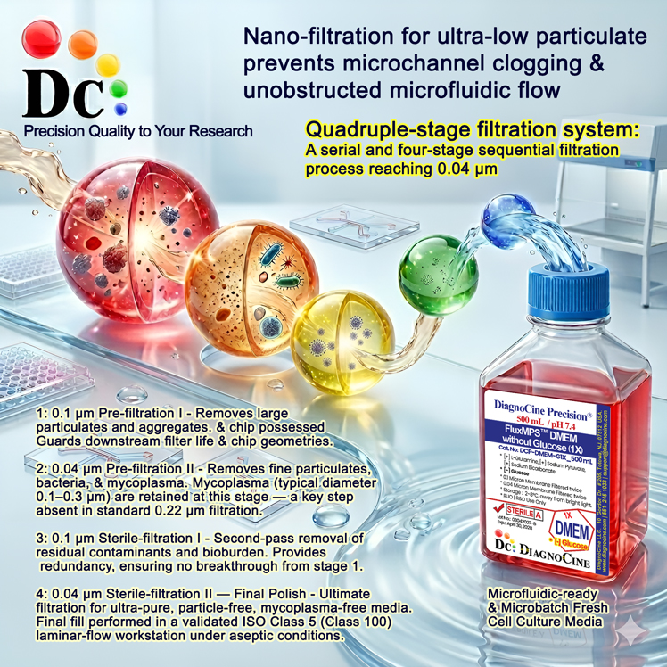 FluxMPS RPMI 1640 with 25mM HEPES (DCP-RPMIH-B1X) Quadruple-stage filtration system diagram, 0.1 micron x2 plus 0.04 micron x2, for organ-on-a-chip and microfluidic cell culture applications, Diagnocine
